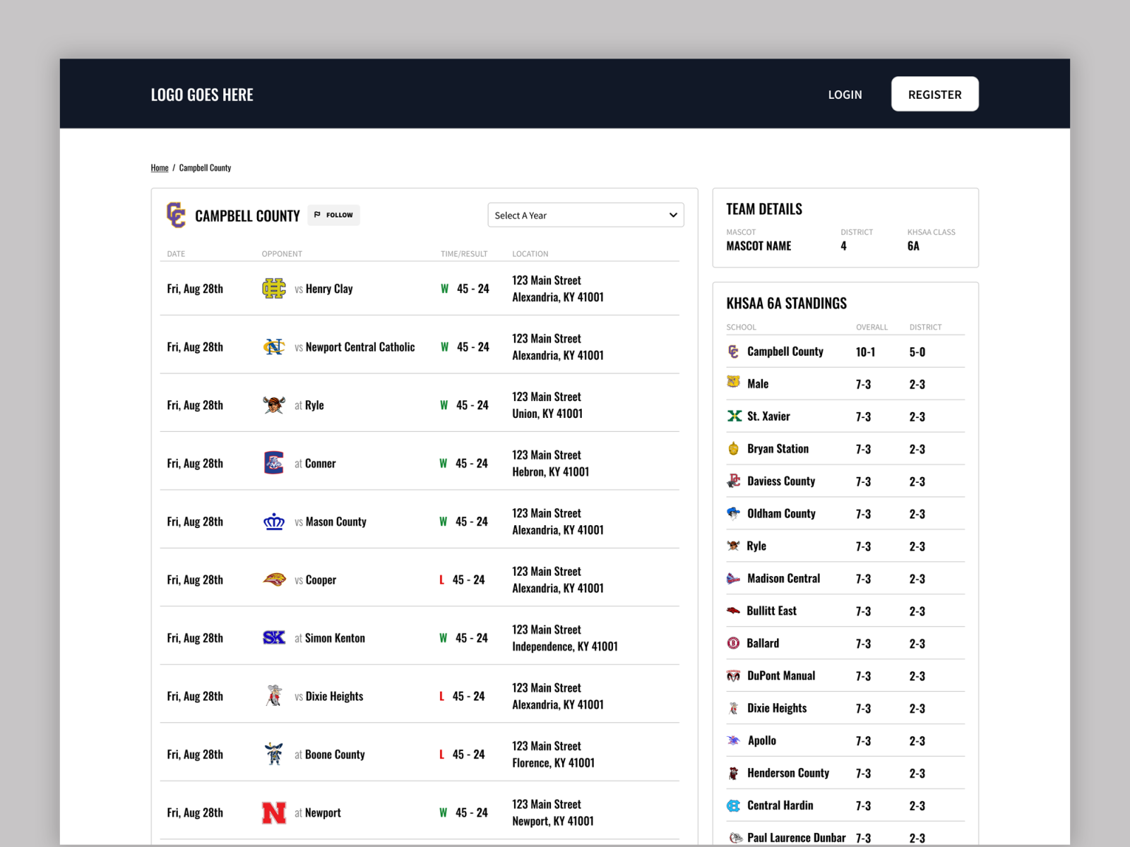 Team Schedule Page by Ian Polatka on Dribbble