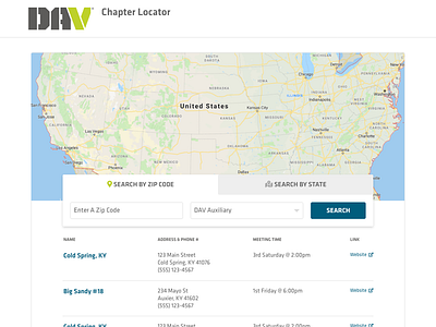 DAV Chapter Locator adobexd desktop dropdown form layout location locations map mockup search search box web design