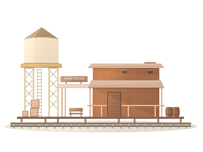 Train Station barrel flat illustration solid station train train station water tank western