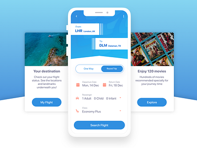 Airline mobile app / in flight components air airline airlines airport airways app blue blue sky content destination flight flight details in flight in flight screen mobile movies one way predictive preview round trip
