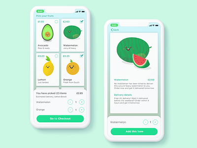 Fruition avocado basket choose delivery delivery app detail page fruit fruit illustration green iphone x item landing page lemon mobile mobile app design orange pick pick up slice watermelon