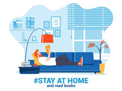 Stay at Home campaign avoid books character coronavirus covid 19 creative design home illustration isolation lesure man reading self isolation virus