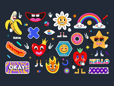 Set of Various Patches, pins, stamps or Stickers 80s cartoon character creative design illustration patches sticker vintage