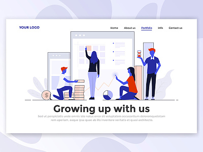Modern Design Of Landing Page Header 3d business creative illustration isometric landing man page people template web woman
