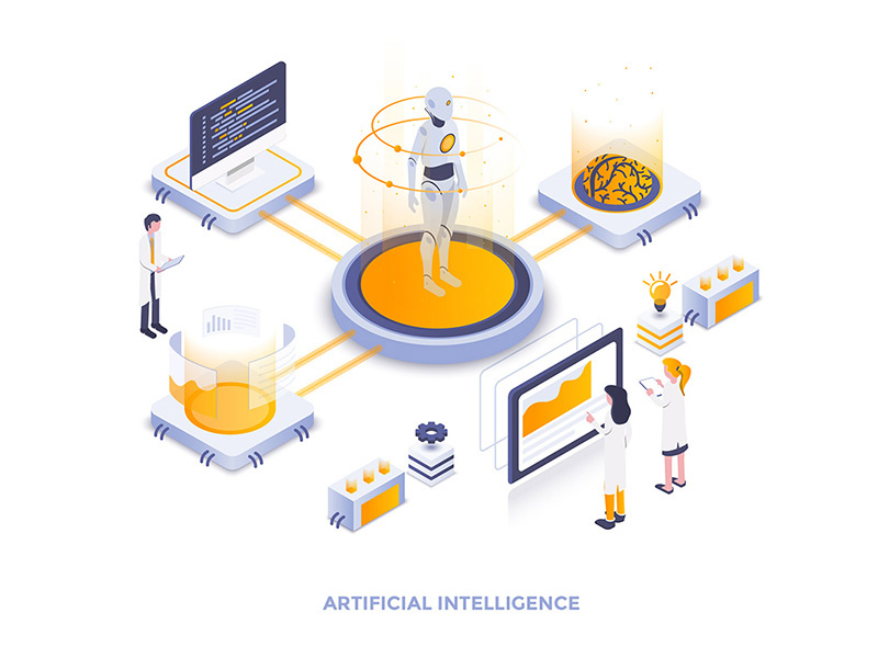 Artificial Intelligence brain developing robot artificial intelligence man woman 3d isometric illustration creative