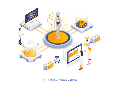 Artificial Intelligence 3d artificial intelligence brain creative developing illustration isometric man robot woman