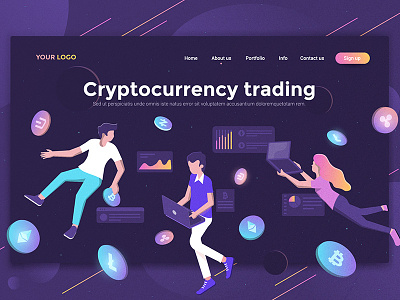 Cryptocurrency trading landing page 3d app creative design development illustration isometric landing man online page people template ui woman