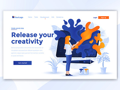 Release your creativity 3d creative design drawing illustration landing page template ui ux woman