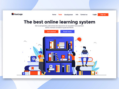 Online Library book creative design education illustration landing learning library man online page people ui web woman