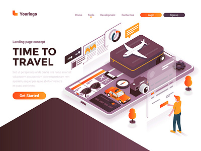 Time to Travel 3d app business creative design development illustration isometric landing man page summer template time travel ui ux web