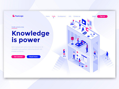 Knowledge is poer creative design development education illustration isometric landing man page people template ui woman