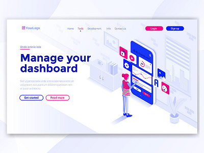 Manage your Dashboard 3d business creative dashboad data data visualization development illustration isometric landing smartphone template woman