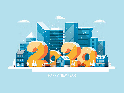 Happy New Year and Merry Christmas cars city creative flat design holiday house illustration merry christmas new year snow snow time street village winter
