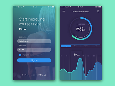 Fitness App app dashboard fitness gradient graph ios log in sign in statistics ui user interface ux