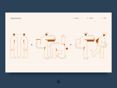 Master of Hug Evasion character design flat geometric hugging illustration infographic instructions minimal running shapes