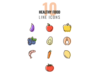 10 Healthy food line icons adobe illustator apple avocado blueberries carrot eggplant food food icons graphic design healthy icon illustration lemon line icons lobster pepper salmon tomato vector