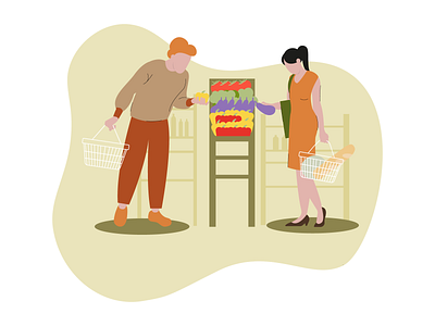 Shopping illustration. A girl and a guy buying food. graphics