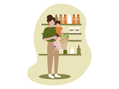 Shopping illustration. Mom and child buying food.