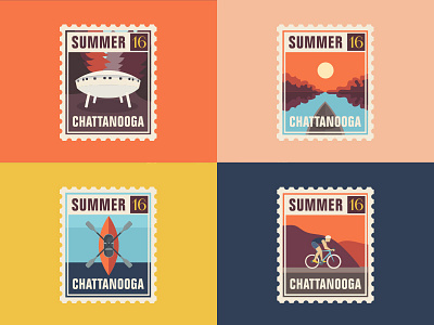Chattanooga Summer Stamp Series bicycling chattanooga design flat design graphic design kayak lake nature outdoors postage stamp summer