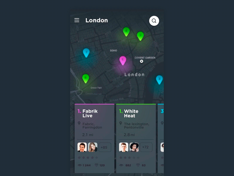 Event App Concept animation card cards dark event event app gif interaction ios map microinteraction