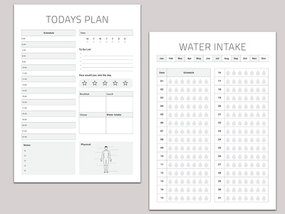 Todays planner and Water Intake planner templates Sheet.