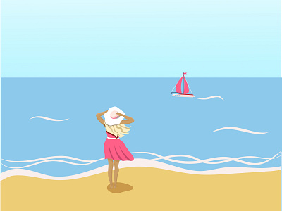 Girl on the beach looking at the ship with scarlet sails banner baskground business card design girl graphic design illustration postcard sea summer vector