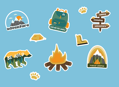 stickers with a hiking theme adobe illustrator banner business card design graphic design hiking illustration logo stickers vector