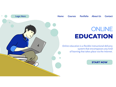 The smart student has online classes art background boy design digital graphic design guy home page illustration landing page laptop online education online lessons vector