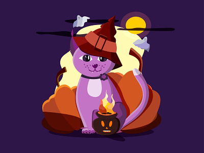 The halloween flat little purple cat art background cartoon cat cute cat design digital flat graphic design halloween illustration scary vector