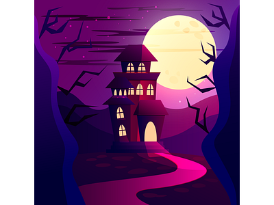 the halloween landscape with the yellow full moon and mystery ca art background cartoon castle design digital graphic graphic design halloween illustration night vector web arts