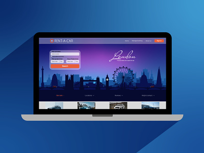 London silhouette background for a car rental website background blue car design graphic design illustration laptop london rent skyline vector