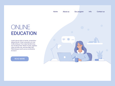 Online education concept background design education elearning graphic design illustration internet landing page laptop learn online purple student study vector