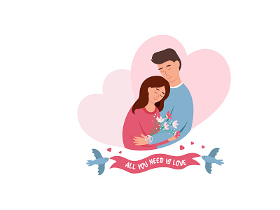 All you need is love background bird blue card couple design flowers graphic design heart illustration love man pink poster ribbon text vector woman