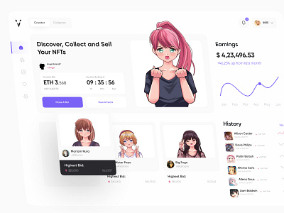 Vikki NFT Club - Dashboard 2022trends anime artwork blockchain coin crypto dark dashboard design landingpage light marketplace nft nft dashboard nft markerplace tokens ui uidesign ux webdesign