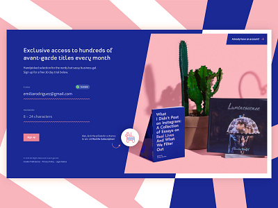 Trial Sign Up for a Book Club 001 blue blue and pink book club books dailyui dailyui 001 entrepreneur female flat form fun girly photography pink sign up trial ui web website