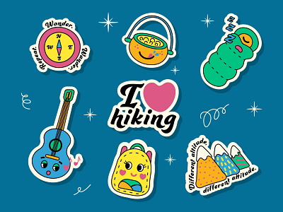 Hiking stickers for a travel agency backpack compass cute graphic design guitar hiking illustration mountains pot sleeping bag stickers travel