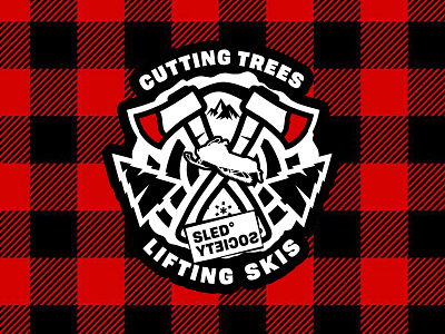 Cutting Trees & Lifting Skis axe emblem flannel illustration lumberjack red snow snowmobiling trees winter