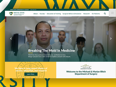 Wayne State University Department of Surgery detroit emblem green landing page slider uiux university user experience warrior wayne state web design yellow