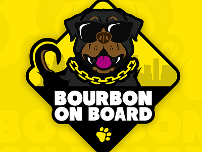 Bourbon On Board breed dog emblem face illustration paw paw print rottweiler sticker sunglasses vector yellow