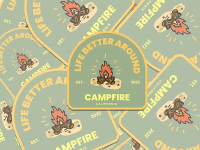 Campfire California 3d animation badge branding camping design flat graphic design illustration line art logo retro sticker summer usa vector