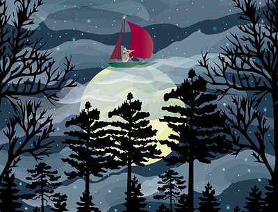 Sailing to the Moon dream forest illustration moon mouse night sailing