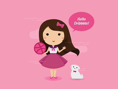 Hello Dribbble! cute dog first shot girl illustration lady pink