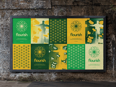 Flourish Posters brand branding dandelion design digital green icon logo mark media mockup people poster poster design sun symbol yellow