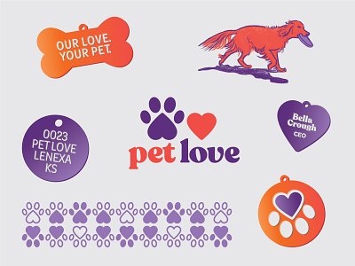 Pet Love Branding branding collar dog dog illustration dog tag heart identity logo love paw print pet pet love pet tag symbol typography