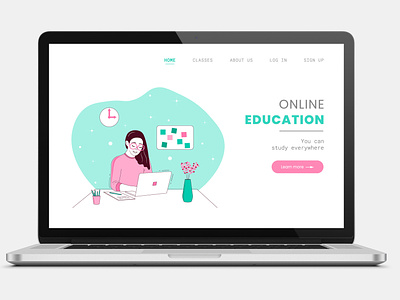 Illustration for online education site adobe illustrator distant education distant work education from home landing page laptop online education online shopping online work site study table template vector website women work from home