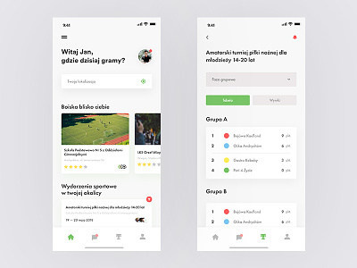 Lokalne boiska oraz turnieje — app clean concept football locals mobile soccer sport tournaments ui