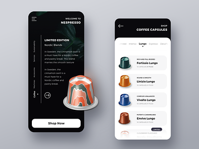 Nespresso Coffee android app application capsules coffee dark design digital design ios mobile nespresso shop store ui userinterface ux