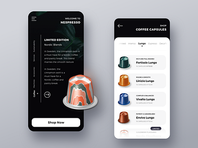 Nespresso Coffee android app application capsules coffee dark design digital design ios mobile nespresso shop store ui userinterface ux