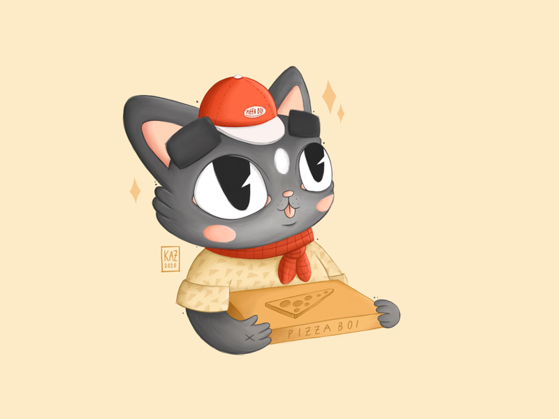 Pizza Boi kidlit style retro vintage food sketch drawing procreate digital art textile kitty cute scout character design illustration boi delivery boy pizza cat