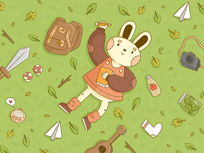 The Passing of Time autumn bunny camera cartoon character design design illustration inktober inktober 2022 leaves pickle picnic procreate sword tamagotchi